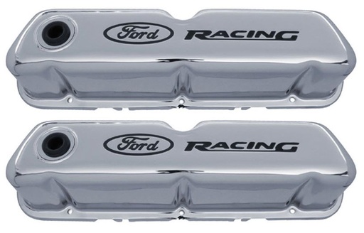 [FMS-302-071] Ford Performance 302-071: Stamped Steel Tall Valve Covers for Small Block Ford 289-302-351W in Chrome Finish with Black Ford Racing Emblem