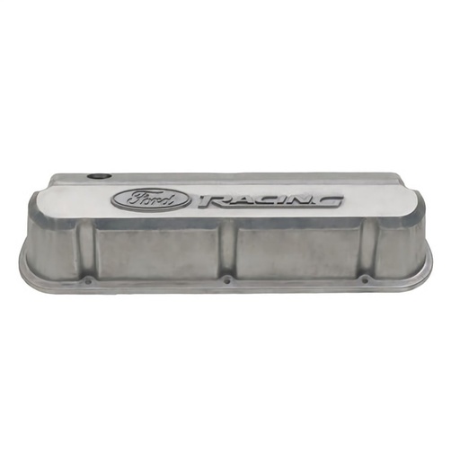 [FMS-302-146] Ford Performance 302-146: Slant-Edge Tall Aluminum Valve Covers for Small Block Ford 289-302-351W in Natural Cast Finish with Raised Ford Racing Emblem