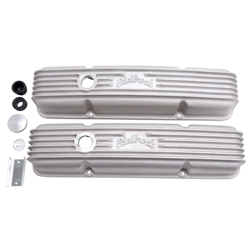 [EDL-41449] Edelbrock 41449: Classic Finned Valve Covers for 1959-1986 Small Block Chevy 262-400 with Satin Finish