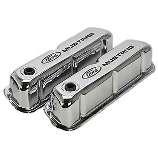 [FMS-302-100] Ford Performance 302-100: Stamped Steel Tall Valve Covers for Small Block Ford 289-302-351W in Chrome Finish with Black Ford Mustang Emblem