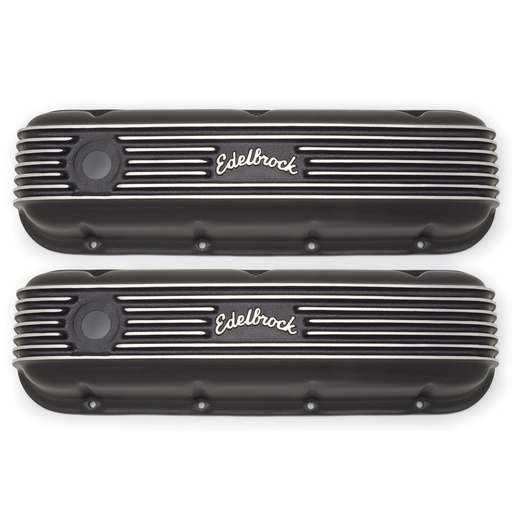 [EDL-41853] Edelbrock 41853: Classic Finned Valve Covers for 1965-Up Big Block Chevy 396-502 with Black Powder Coated Finish