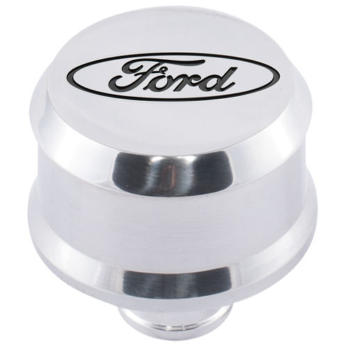 [FMS-302-438] Ford Performance 302-438: Push-In Aluminum Valve Cover Air Breather Cap with Recessed Black Oval Ford Emblem in Polished Finish
