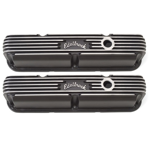 [EDL-41763] Edelbrock 41763: Classic Finned Valve Covers for Small Block Chrysler 318-360 LA Series with Black Powder Coated Finish
